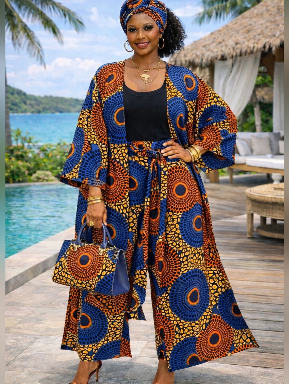 Camouflage African Print Kimono Duster Palazzo Pant Set:  Belt & Headwrap